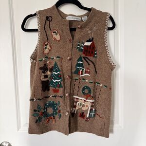 Victoria Jones Womens Brown Sweater Vest M Christmas Holiday Party Bear Winter
